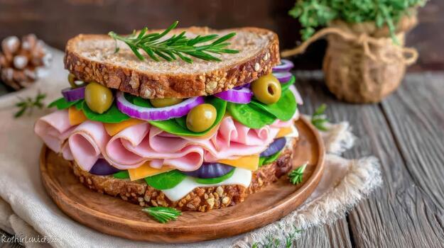 Layers of deli meat, cheese, and fresh greens make a sandwich both filling and flavorful for any quick meal today simple goodness photo