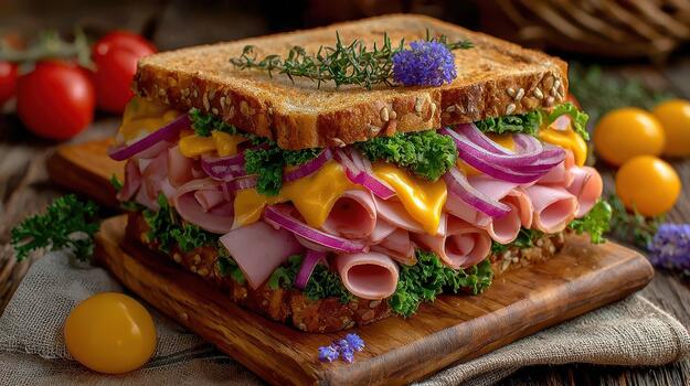 Layers of ham and fresh greens make a sandwich that's both colorful and perfect for a quick, filling lunch today fresh bite photo