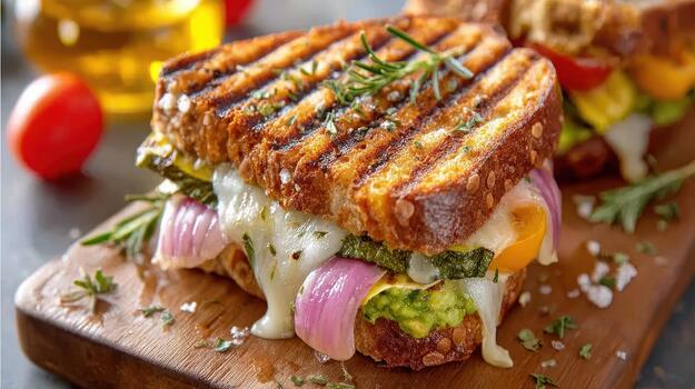 A sandwich filled with grilled vegetables, cheese, and bread provides both color and delicious flavor in every bite fresh bite photo