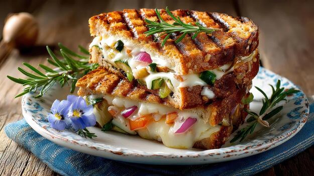 A sandwich filled with grilled vegetables, cheese, and bread provides both color and delicious flavor in every bite simple goodness photo