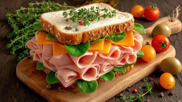 A sandwich stacked with layers of ham, cheese, and fresh greens is perfect for lunch, filling, and full of flavor simple goodness photo