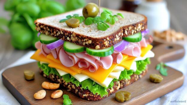 A sandwich stacked with layers of ham, cheese, and fresh greens is perfect for lunch, filling, and full of flavor fresh bite photo