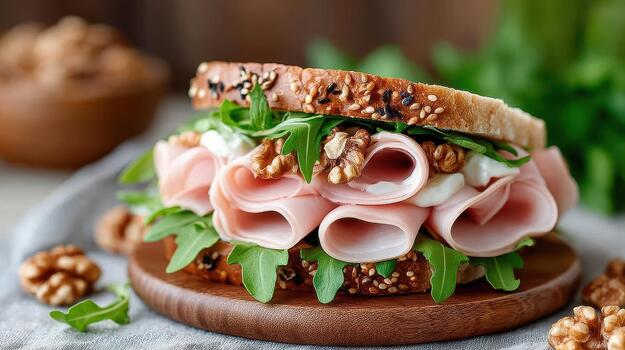 Layers of ham and fresh greens make a sandwich that's both colorful and perfect for a quick, filling lunch today perfect bite photo