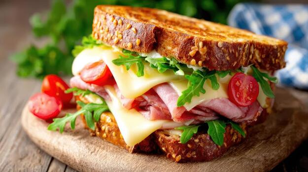 Toasted sandwiches with meat, cheese, and vegetables make lunchtime warm, satisfying, and visually appealing today fresh bite photo