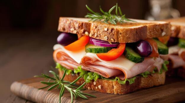 Toasted sandwiches with meat, cheese, and vegetables make lunchtime warm, satisfying, and visually appealing today perfect bite photo
