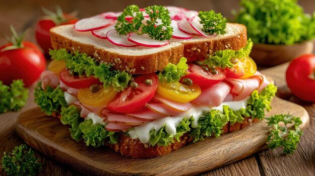 A vegetarian sandwich is loaded with fresh vegetables, herbs, and soft bread, making it healthy and delicious today fresh bite photo
