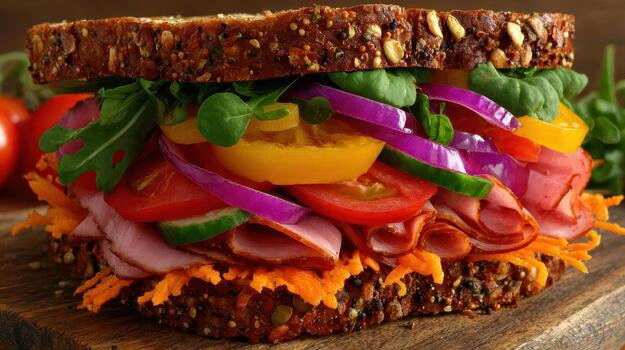 A sandwich stacked with fresh vegetables, meats, and sauces creates a balanced, colorful, and flavorful lunch today fresh bite photo