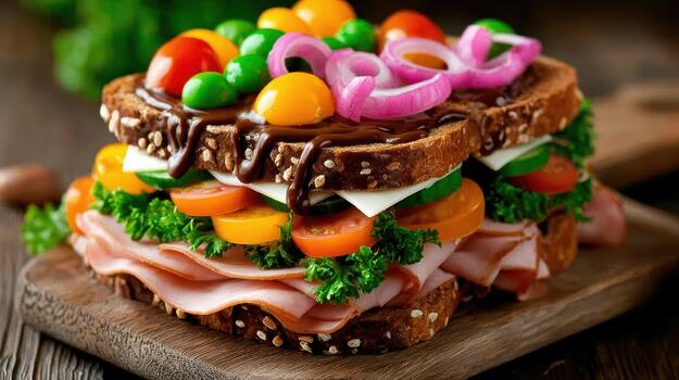 Toasted sandwiches with meat, cheese, and vegetables make lunchtime warm, satisfying, and visually appealing today simple goodness photo