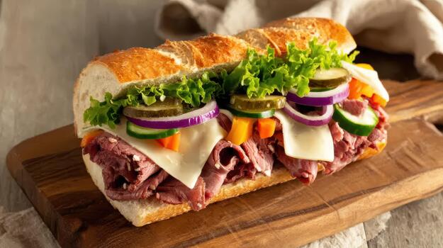 A sandwich with roast beef, cheese, and crisp vegetables combines flavor, texture, and satisfaction in every bite today fresh bite photo