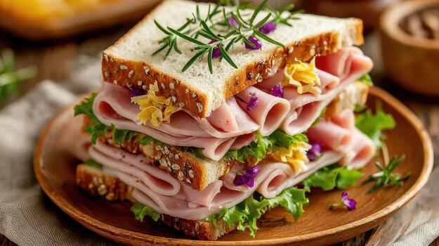 Layers of ham, turkey, and crisp greens make this sandwich both delicious and satisfying for any lunchtime craving simple goodness photo