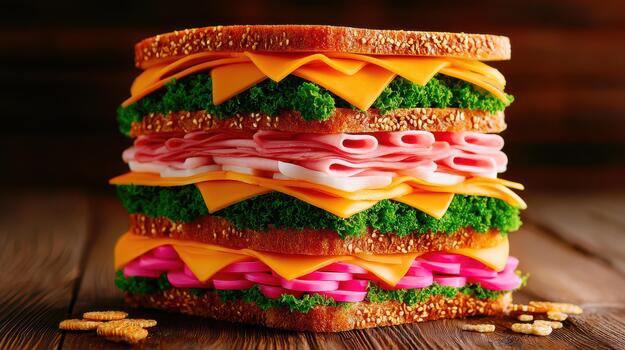 Freshly baked bread and layers of fillings make a sandwich that's visually appealing and utterly delicious to eat tasty moment photo