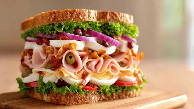 Freshly baked bread and layers of fillings make a sandwich that's visually appealing and utterly delicious to eat perfect bite photo