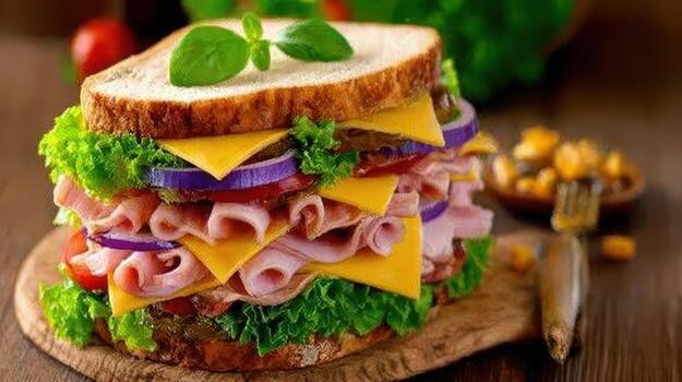 A sandwich stacked with fresh vegetables, meats, and sauces creates a balanced, colorful, and flavorful lunch today perfect bite photo