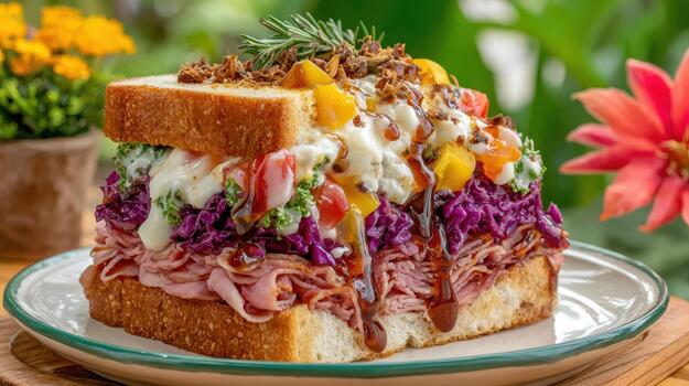 The sandwich is a colorful mix of vegetables, meat, and sauces, making every bite flavorful and fulfilling today simple goodness photo