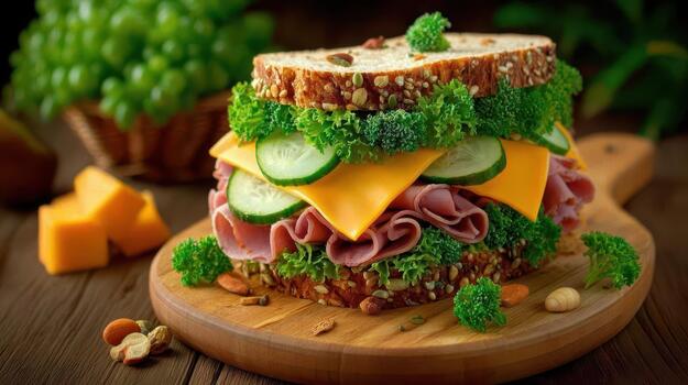 A sandwich with layers of roast beef, melted cheese, and fresh vegetables makes lunchtime both delicious and hearty simple goodness photo