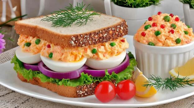 A sandwich with egg salad, fresh greens, and soft bread is a simple yet delicious choice for a light lunch today fresh bite photo