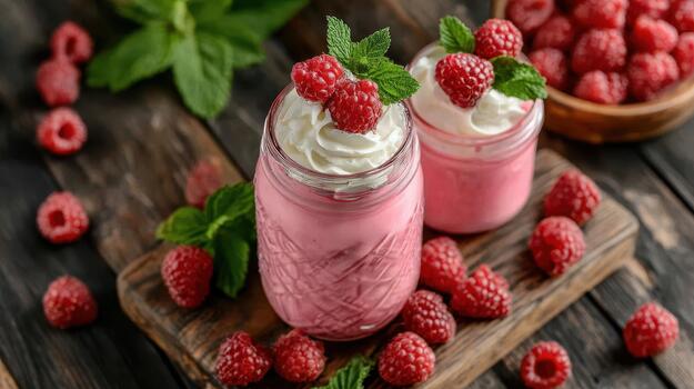 A raspberry smoothie delivers a bold, ruby red flavor with perfect tartness and light sweetness summer freshness. photo