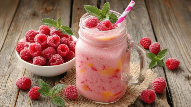 A raspberry smoothie delivers a bold, ruby red flavor with perfect tartness and light sweetness vibrant flavor. photo