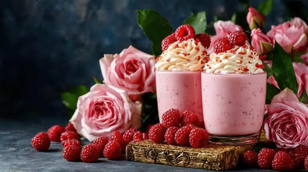 A raspberry smoothie delivers a bold, ruby red flavor with perfect tartness and light sweetness fruity bliss. photo