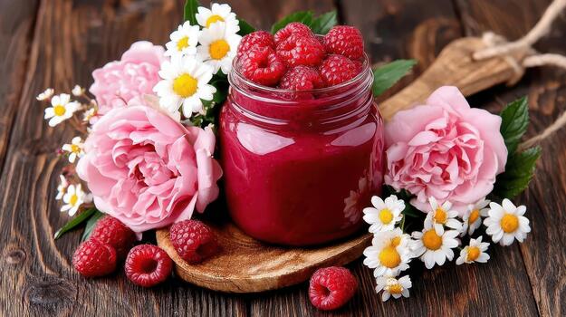 A raspberry smoothie delivers a bold, ruby red flavor with perfect tartness and light sweetness refreshing blend. photo