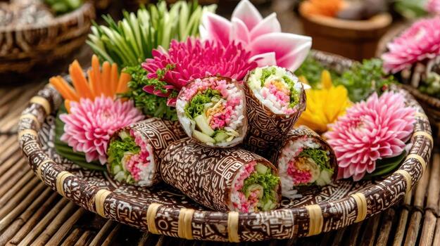 Fresh spring rolls topped with edible flowers added color, freshness, and delicate texture petal charm. photo
