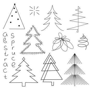 Line art. A set of abstract Christmas trees with ornaments for your design. vector