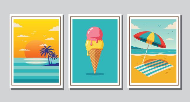 retro Clásico póster resumen geométrico con verano estilo, gráfico líneas, moderno formas, vistoso patrón, y vibrante composiciones, minimalista tipografía con playa, hielo crema y puesta de sol vector