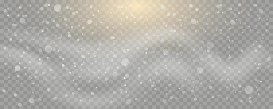 Falling snow and bokeh effect overlay with a subtle golden sun glow on a gray background. For winter and holiday photo effects. Editable illustration. vector
