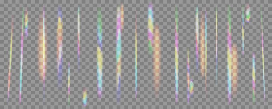 Vertical neon glowing lines and digital artifacts with glitch effect. Rainbow light leak overlay with colorful prism refraction streaks on a gray background. Editable illustration. vector