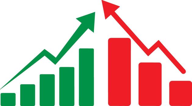Abstract silhouette of ai driven growth and decline represented by bar charts and arrows vector