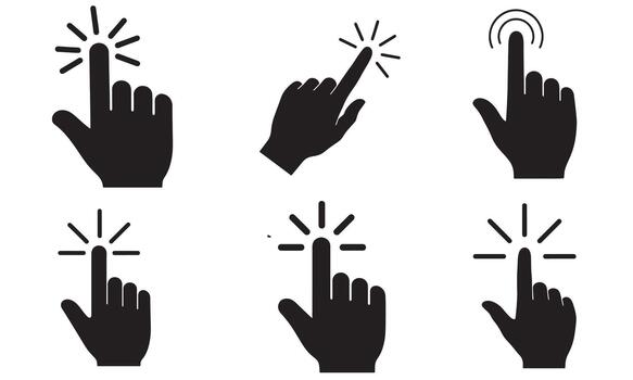 colección de negro silueta mano cursor íconos demostración dedo tocando y haciendo clic comportamiento vector