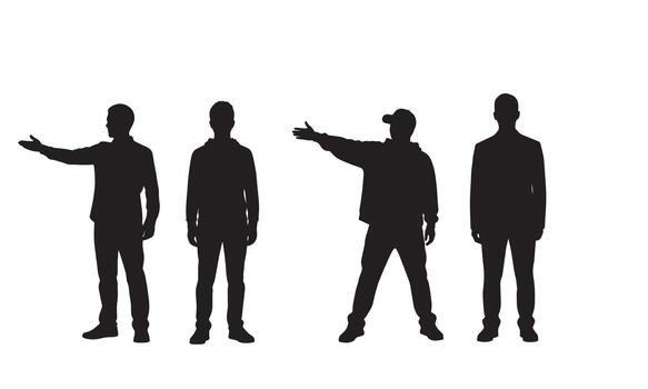 Four diverse male figures posed in a row displaying different gestures silhouette vector