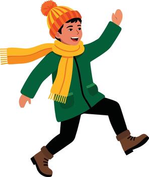 Joyful young boy in winter attire enthusiastically jumping with a cheerful expression and a scarf blowing in the wind vector