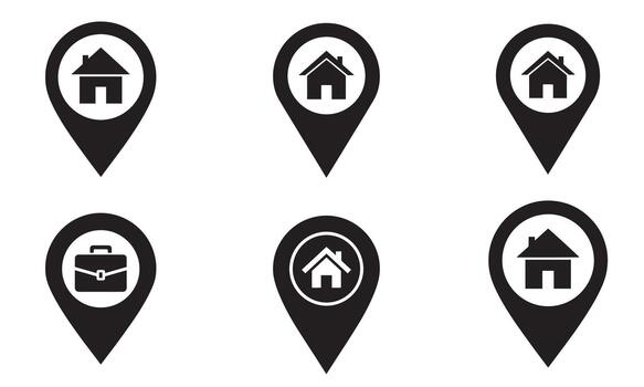 Set of black location pointers with home and briefcase icons isolated on white vector