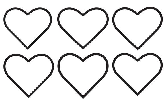 Six outline heart shapes arranged in two rows against a white background silhouette vector
