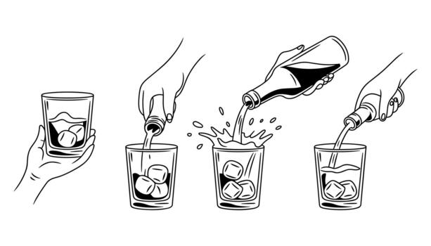 Hand pouring liquid into glasses with ice cubes in a sequence of actions vector