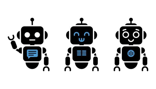 Tres negro robots con azul acentos ondulación y mostrando íconos en blanco antecedentes artificial inteligencia vector