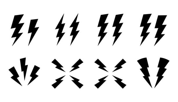 Collection of eight black lightning bolt icons in various arrangements on a white background thunderbolt vector