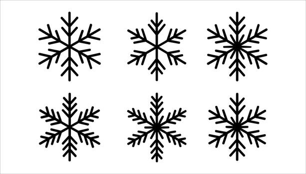 Six black snowflake icons arranged in two rows on a white background winter symbol vector