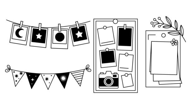 Black and white line art collection of instant photos camera and bunting flags with celestial and geometric designs vector