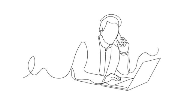 Continuous Line Illustration of Man Working with Laptop While Making Phone Call. Modern Minimalist Style vector