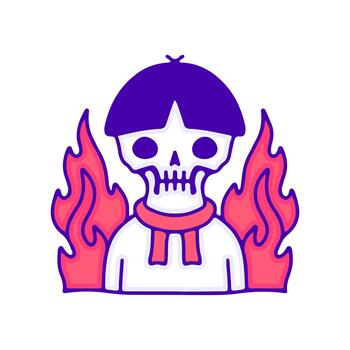 dinámica plano ilustración de un estilizado esqueleto personaje con frio púrpura pelo y un vibrante bufanda, envuelto en rojo llamas, creando un nervioso y negrita gráfico diseño vector