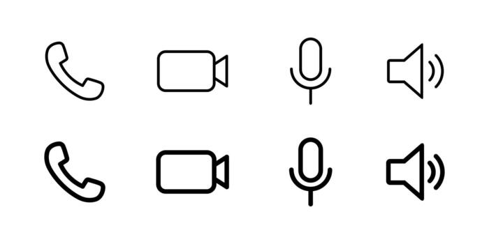 Phone call, , microphone, and speaker outline icon. Handset, camera, mic, and volume symbol vector