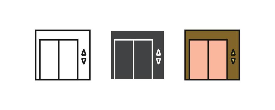 colección de ascensor puerta íconos en Tres estilos, describir, completado, y plano color. ideal para usuario interfaz, aplicación diseño, y arquitectura vector
