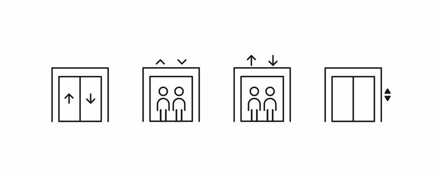 línea Arte y de colores íconos para ascensor puertas, levantar carros, y llamada botones. incluye pasajero capacidad y dirección flechas, ideal para ui y público señalización vector