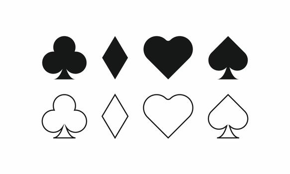 Diverse icon bundle Includes elevator door, capacity, and direction symbols, plus all four playing card suits, clubs, hearts, diamonds, spades, in line and filled styles. Essential for UI, gam vector