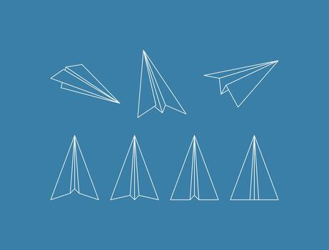 sencillo blanco línea icono conjunto de varios doblada papel aviones en un azul fondo, Perfecto para viajar, comunicación, enviando mensajes, o nostálgico diseño conceptos vector