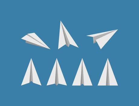 Clean, flat design paper airplane set in white and gray on a blue background, perfect for symbolizing travel, technology, fast delivery, and simple navigation vector
