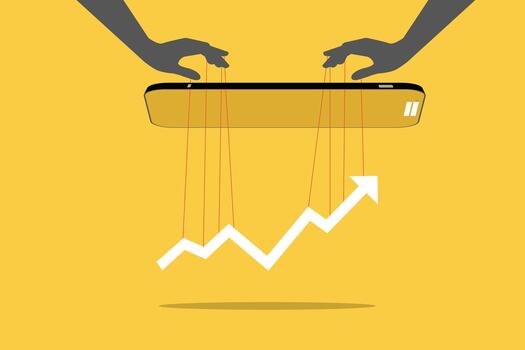 Hand controlling an upward arrow with strings like a puppet, symbolizing market manipulation, controlled growth, business influence, financial control, and success management. vector