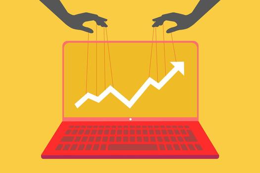 Hand controlling an upward arrow with strings like a puppet, symbolizing market manipulation, controlled growth, business influence, financial control, and success vector